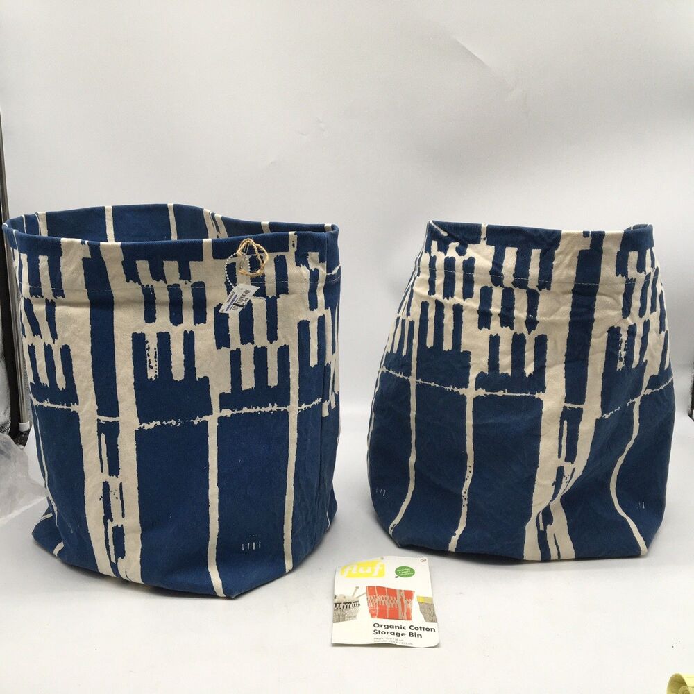 2 NWT Crate & Barrel Blue & White Fluf Organic Cotton Storage Bin Round Reverse